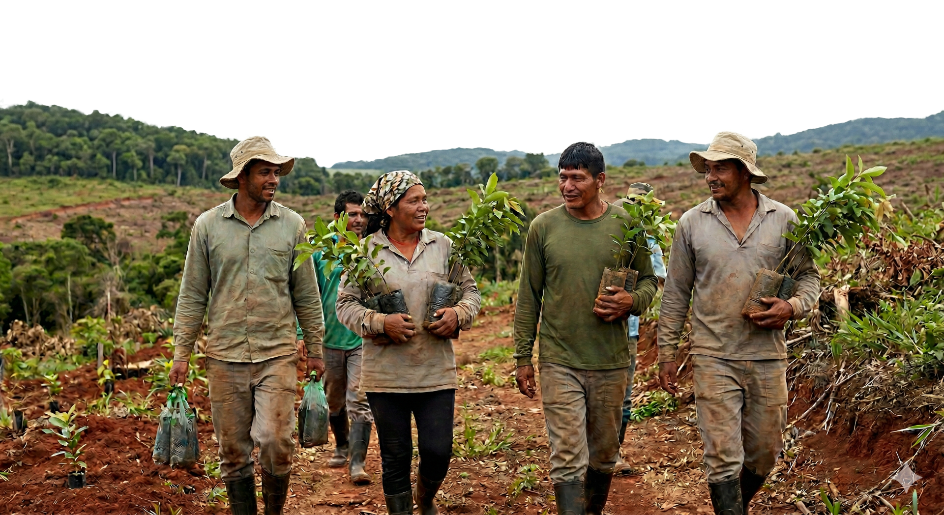 Pessoas caminhando em área de plantio com mudas